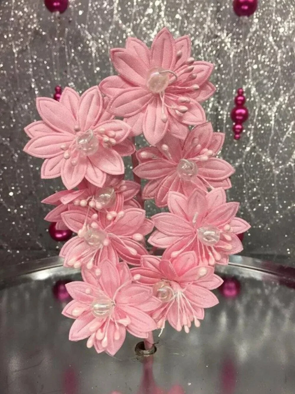 Satin Flowers with Clear Pearls on Stem Craft Party Supplies Corsage Flower Stem